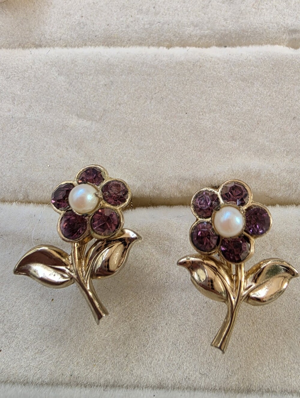 Coro Gold-Tone Purple Crystal Flower Earrings with Pearl Centers